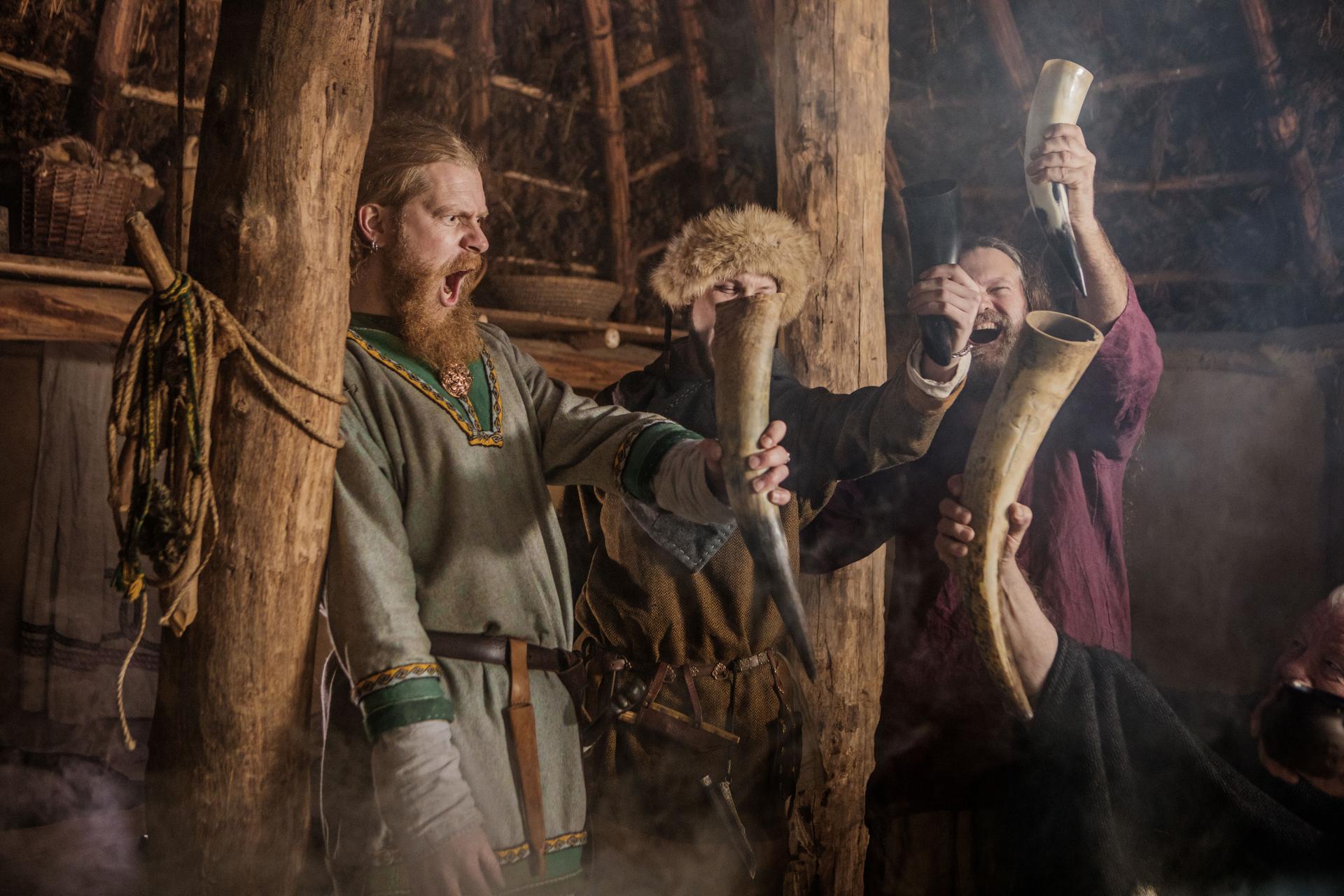 A group of viking male villagers in a hall